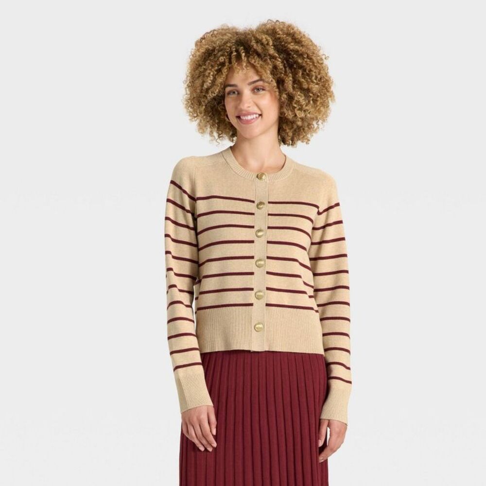 a new day Beige and Burgundy Striped V-Neck Sweater